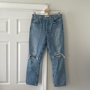 Agolde Riley Jeans High Rise Straight Leg Light Wash Distressed Size 28